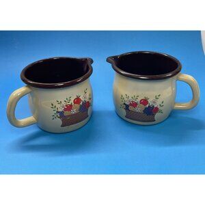 VTG Lot Of  2 FTD Enamelware Pitcher Beige Brown Fruit Basket Print 4"